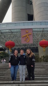 Nenagh College Transition Year students Marley Delaney, Lauren Moylan and Ciara McDonnell at the Oriental Pearl TV Tower.