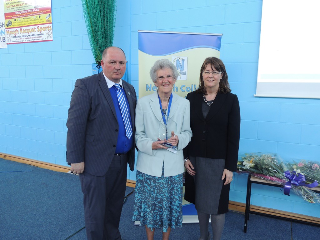 Pricipal Kennedy, Irene O Malley (oldest surviving teacher) and Fionuala McGeever CEO of the ETB