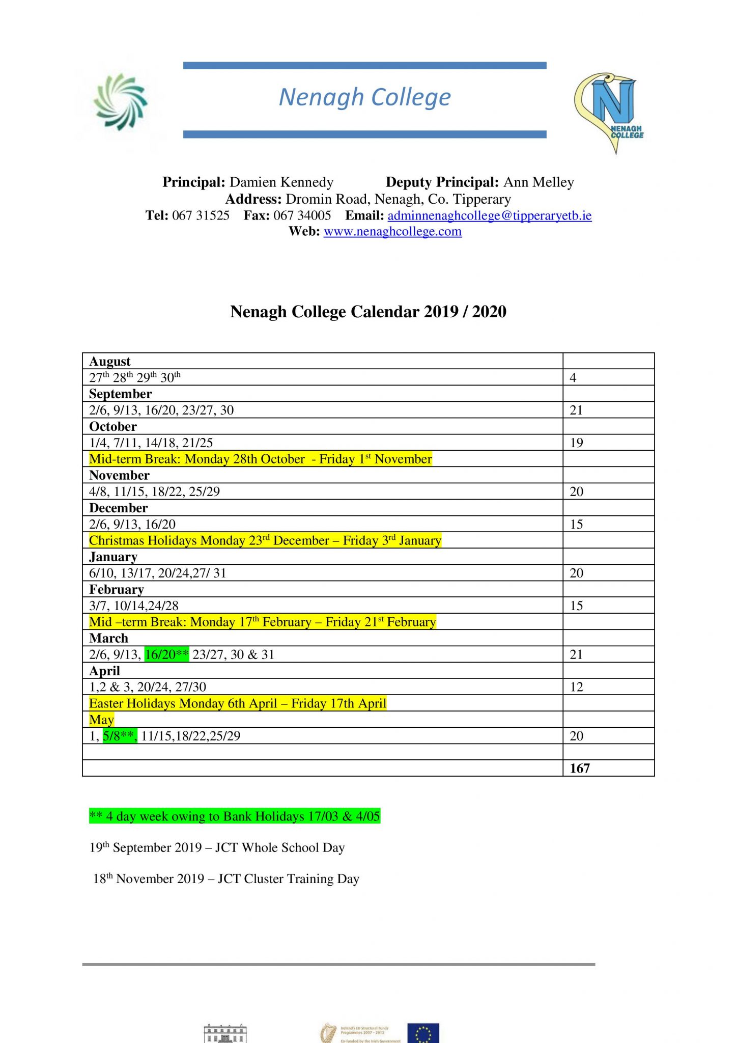 School Calendar Nenagh College